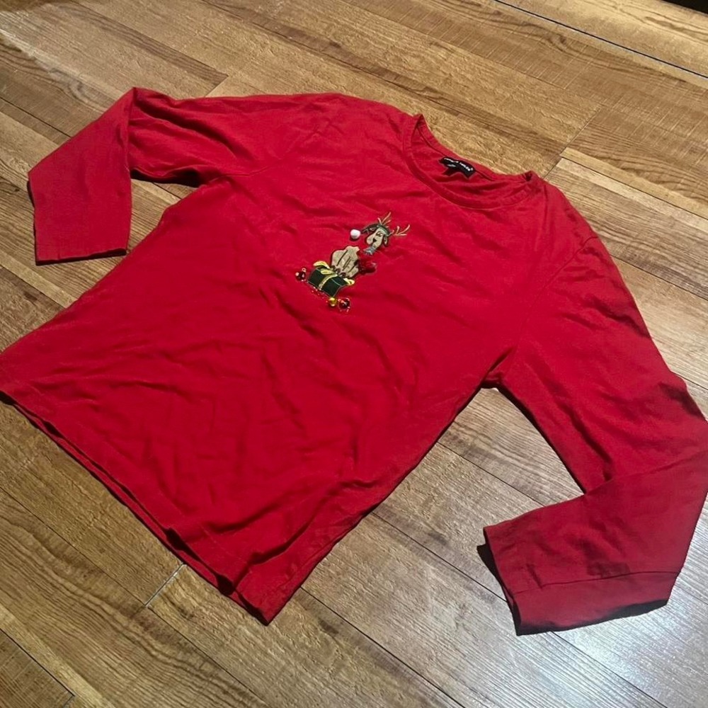 Red long sleeve Reindeer Christmas shirt with embroidered reindeer